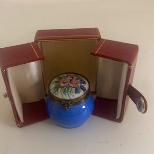 Limoges box, blue with floral hand painted top. Vintage, case included.